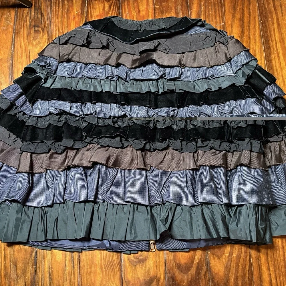 Moschino Blue Black Tiered Ruffle Velvet Zip Front Jacket Rare Sz 10